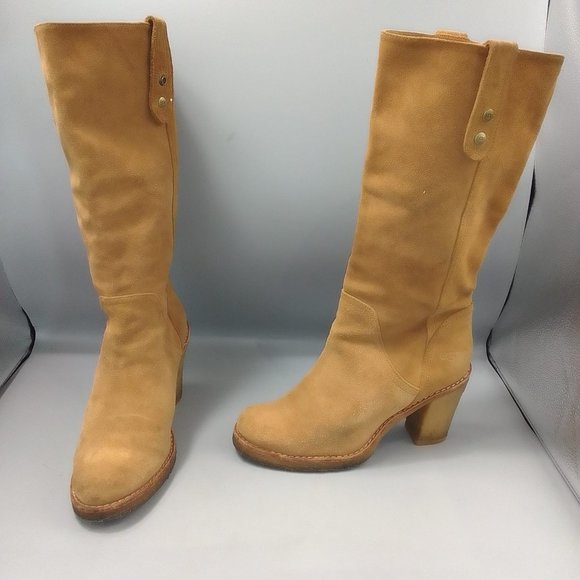 UGG 'Josie' 3214 Brown Heeled Boots Size UK 6 EU 39 Suede Mid-Calf Knee Tan - Picture 2 of 13